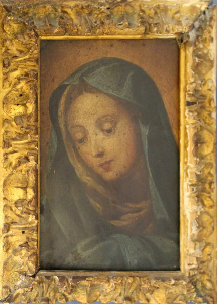 Volto della Madonna, olio su rame 17x11 cm, entro cornice XVII sec.
