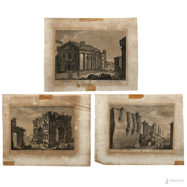Lotto di tre incisioni raffiguranti luoghi di Roma, XVIII secolo, misure massime cm 21,5x26, (segni di usura, tracce di umidità, gore, foxing, lacerazioni della carta, tracce di piegatura, ossidazione, restauri)