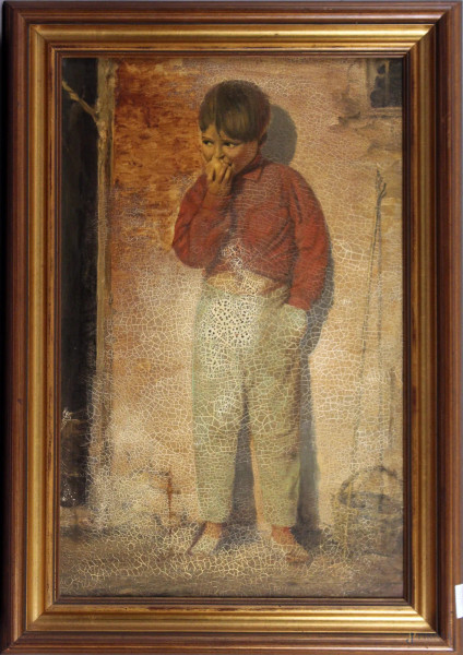 Fanciullo con frutto, olio su tela, cm 62x40, entro cornice.
