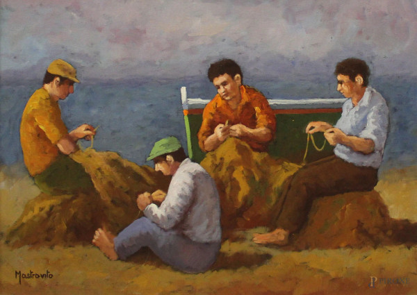 Adolfo Mastrovito - Pescatori, olio su tela, 50x70 cm, entro cornice