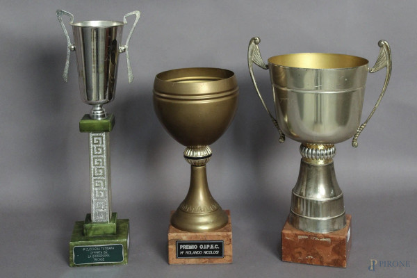 Lotto composto da tre premi a forma di coppa ricevuti dal Maestro Rolando Nicolisi, in materiali diversi, H massima 38 cm.