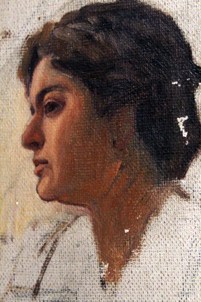 Ritratto di donna, piccolo bozzetto del XIX sec, ad olio su cartone, 19x15 cm, entro cornice