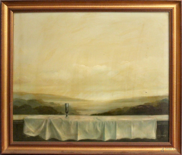 Balcone con lago sullo sfondo, olio su tavola firmato, cm 50 x 60, entro cornice.