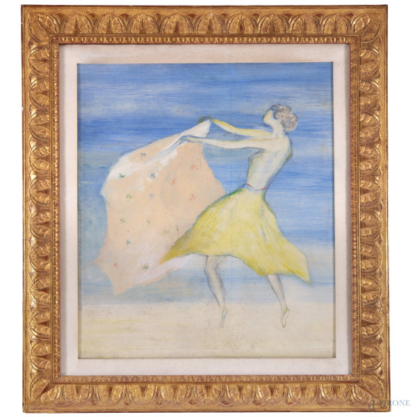 Giovanni Omiccioli (1907 - 1975) , Ballerina, XX secolo tecnica mista su compensato, cm 88,5x76,5, firmato al retro, entro cornice