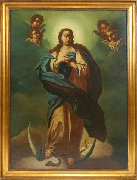 Pittore della fine del XVIII secolo, Immacolata Concezione, olio su tela, cm 99x72, entro cornice, (difetti sulla tela).