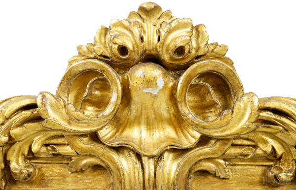 Specchiera di linea rettangolare in legno e pastiglia dorata con decori a fiori e conchiglia, cm ...