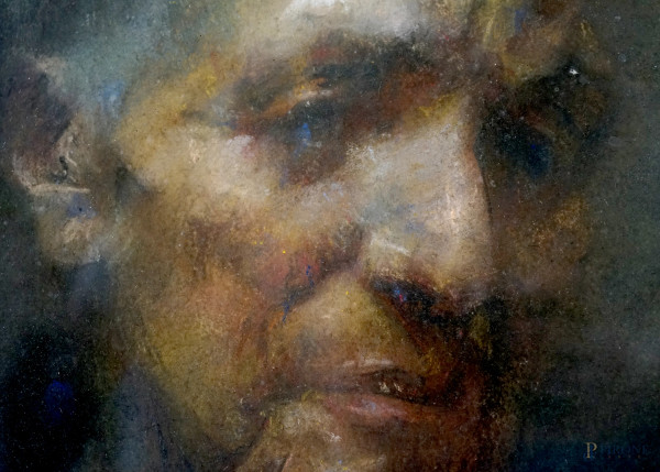 Ritratto di anziana, pastello su carta, firmato in alto a destra, cm 55,5x45,5, entro cornice