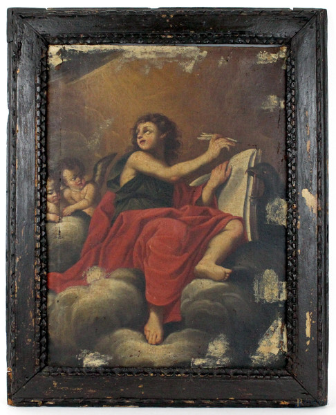 San Giovanni Evangelista, olio su tela, cm 47x35, XVII secolo, entro cornice, (difetti).