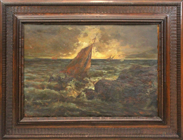 Marina con imbarcazioni, olio su cartone, cm 69x99, fine XIX secolo, entro cornice