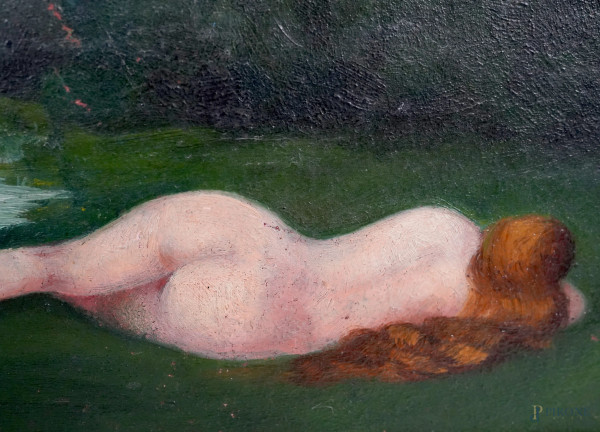 Nudo femminile di spalle entro un paesaggio, XX secolo, olio su cartone, cm 14,5x21, entro cornic...