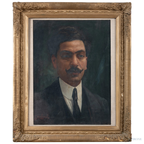 Hector Ettore Serbaroli (1886-1951), Ritratto di gentiluomo, olio su tela, cm 51x40, firmato in basso a sinistra, entro cornice, (segni di usura, abrasioni, sollevamenti e cadute di colore)