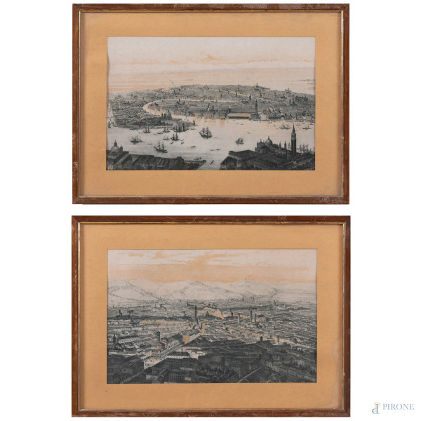 Lotto composto da due stampe con vedute di città, XX secolo, misure massime cm 34x48 compreso passepartout, entro cornice, (segni di usura, foxing, ossidazione della carta)