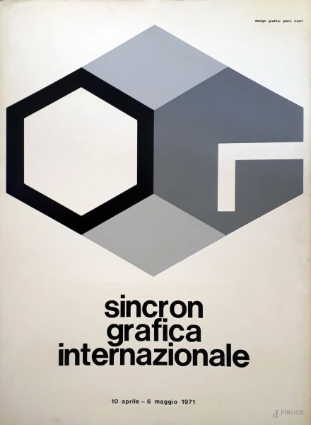 Bozzetto originale per il manifesto della mostra di Grafica Internazionale presso la galleria Sincron, realizzato a tecnica mista (retini grigi e lettering trasferibili Letraset), da Piero Risari per Sincron nel 1971.