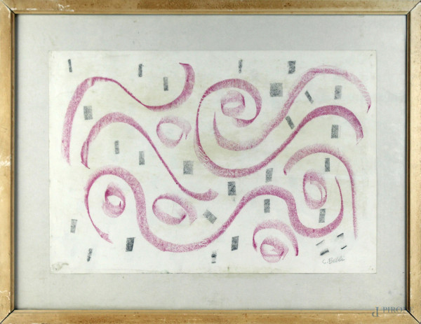 Astratto, tecnica mista su carta, cm. 33x48, firmato C. Belli, entro cornice.