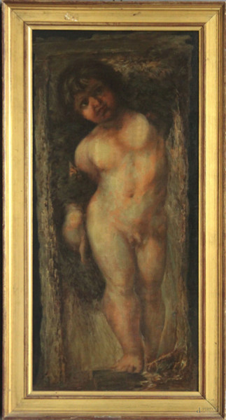 Putto reggifestone (copia da Raffaello Sanzio), olio su tela, 88x40, entro cornice XX°sec. 