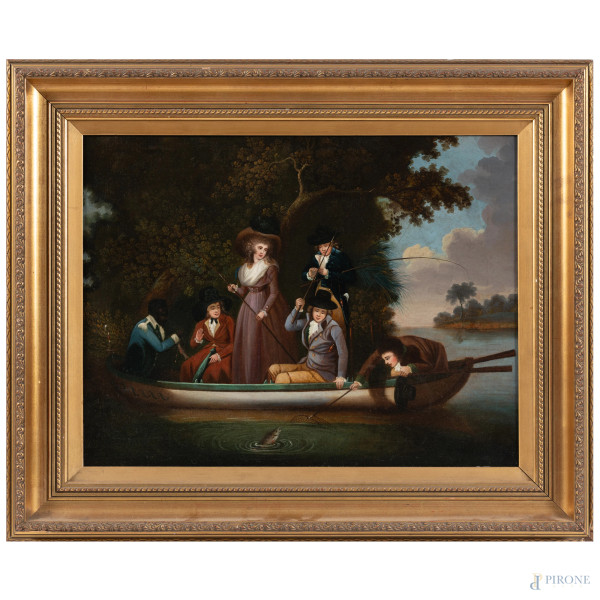 La pesca, XIX-XX secolo, olio su tela applicata su compensato, cm 42x55, entro cornice, (lieve craquelure, piccole abrasioni, rigonfiamenti della tela)