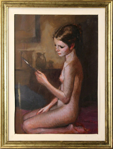 Nudo di ragazza, olio su tela, 70x50 cm, entro cornice firmato Nino Caroselli