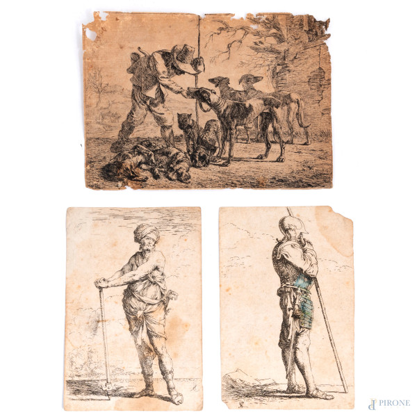 Lotto di tre incisioni, misure massime cm 17x12, (segni di usura, foxing, umidità, strappi, lacune)