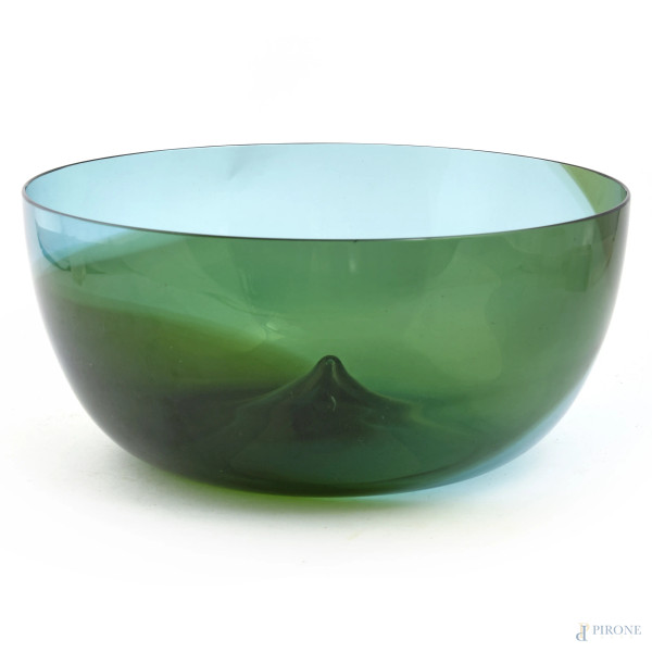 Centrotavola in vetro nei toni del blu e verde, firmato a graffio 