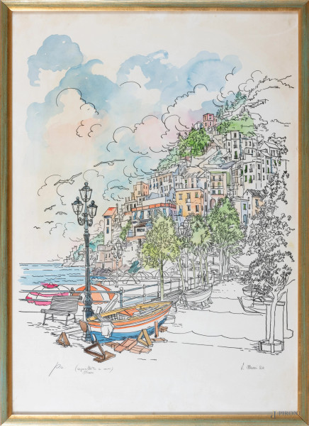 Paese costiero, XX secolo, litografia acquarellata a mano, p.a., cm 70x50, firmato e datato in basso a destra, entro cornice, (segni di usura, tracce di umidità. difetti)