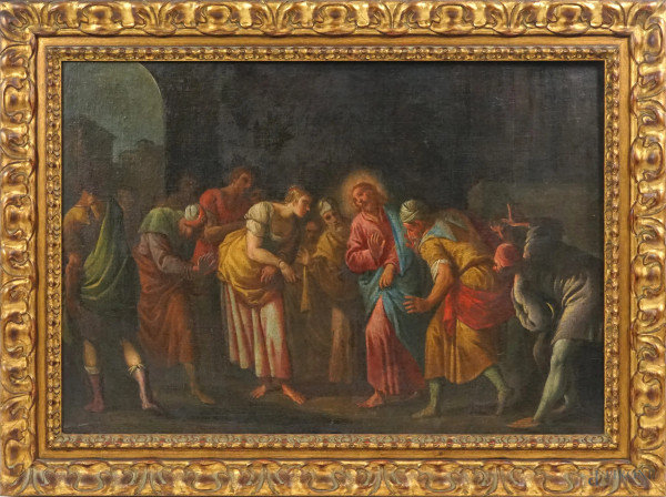 Pittore del XVII-XVIII secolo, Cristo e l'adultera, olio su tela, cm 64x94, entro cornice