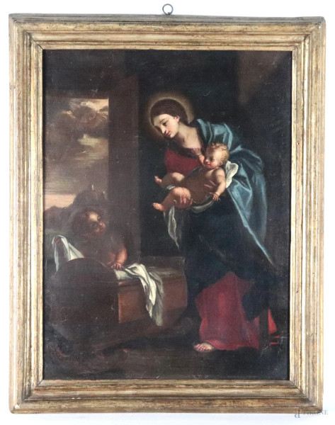 Madonna con Bambino, XVIII-XIX secolo, olio su tela, cm 65x48, entro cornice, (segni di usura, lievi abrasioni e craquelure)