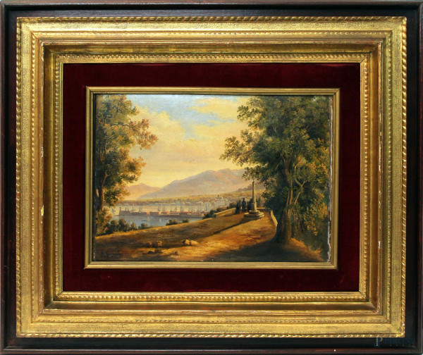 Veduta di Castellamare con frati, olio su tela, cm 24,5x35,5, recante firma G. Gigante, entro cornice.