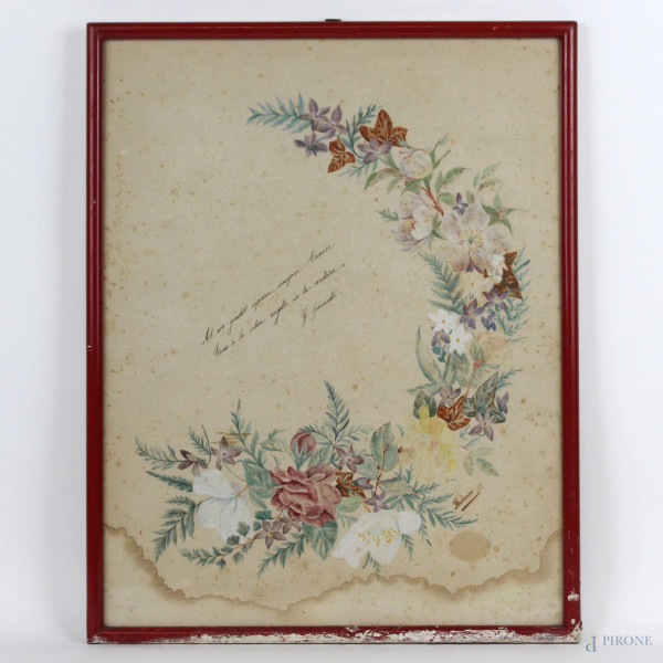 Composizione floreale con dedica, tecnica mista su carta, cm. 45x35, inizi XX secolo, entro cornice.
