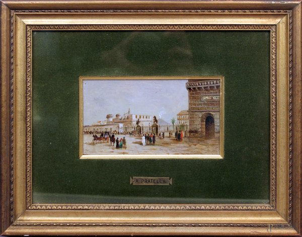 Scorcio di Napoli con figure e carrozze, olio su tavola, cm 10x17, firmato, entro cornice.