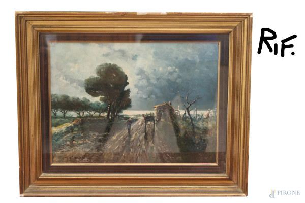 Viale con figura e carretto, olio su tavola, 35x45 cm, entro cornice firmato De Marino