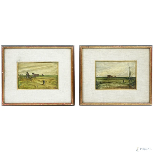 Coppia di vedute della Campagna Romana, olio su tavola, cm 12x18, firmati, entro cornice. (Difetti)