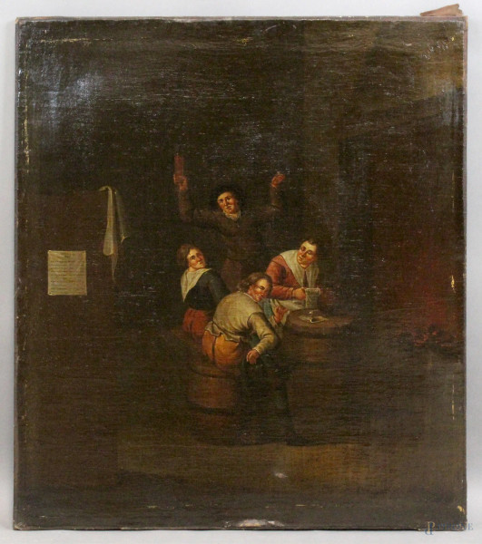 Egbert  Van Heemskerck - Attribuito a, Interno di osteria con figure, olio su tela, cm. 71,5x61,5, (piccoli difetti).