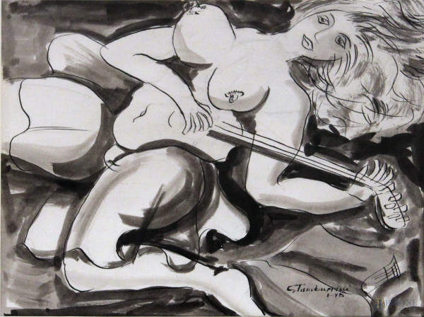 Nudo con chitarra, china su carta, 31x25 cm, entro cornice firmato Gino Tamburrini 1975