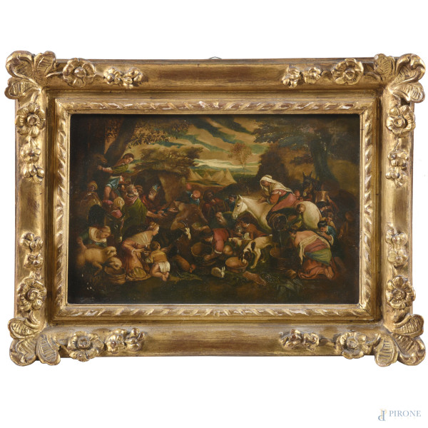 Mosè fa scaturire l'acqua dalla roccia da Francesco Bassano, XX secolo, olio su tavola, cm , entro cornice, (lievi segni di usura, restauri)