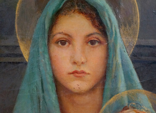 Madonna con Bambino, olio su tela, cm 90x60, firmato in basso a destra, entro cornice