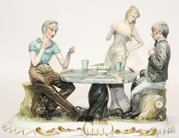 Giocatori di carte, gruppo in porcellana Capodimonte, h 24x30x15 cm,(mancanze).