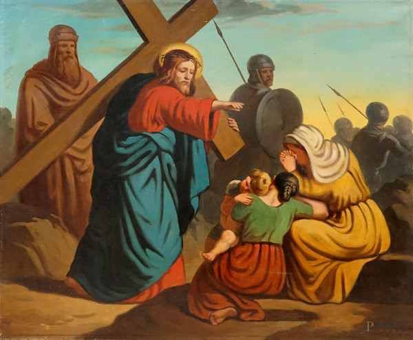 Artista attivo nella prima metà del XX secolo, Via Crucis - Gesù e le donne di Gerusalemme, olio su tela, cm 54x64,5.