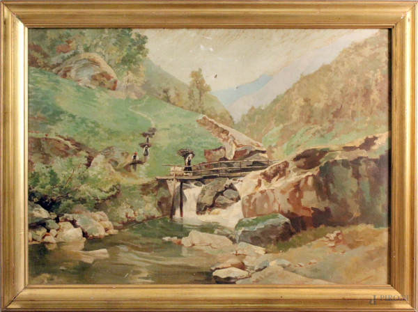 Paesaggio montano con cascata, olio su tela cm. 50x70, entro cornice.