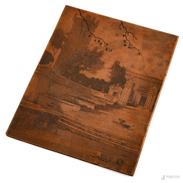 Dante Ricci - Scorcio di villa con scalinata, lastra calcografica, cm 18x14, firmata in basso a destra, (segni di usura). Provenienza: Collezione eredi Dante Ricci.