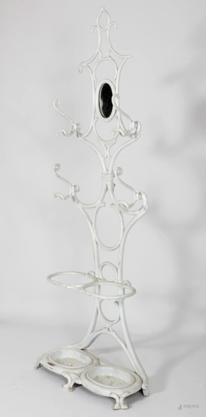 Appendiabiti ombrelliera in ferro dipinto bianco con specchio, XX secolo, altezza cm 189 (scalfiture, difetti, graffi, rotture)