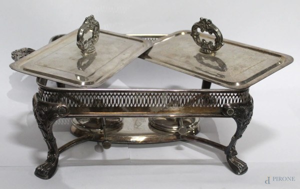 Scaldavivande in metallo argentato con coperchi mancante di vaschette, Inghilterra inizi XX sec., h.cm 13x38x25