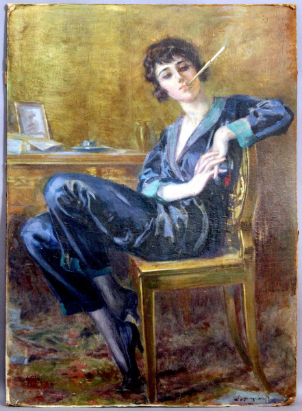 Luigi  Bompard - Donna con sigaretta, olio su cartone con etichetta sul retro dell&#39;esposizione internazionale d&#39;arte della citt&#224;  di Venezia 1920, cm. 98x70.