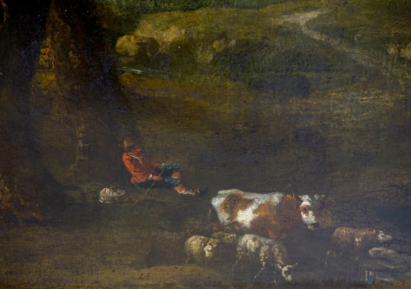 Pittore fiammingo-olandese della fine del XVIII secolo, Paesaggio con pastore e armenti, olio su ...