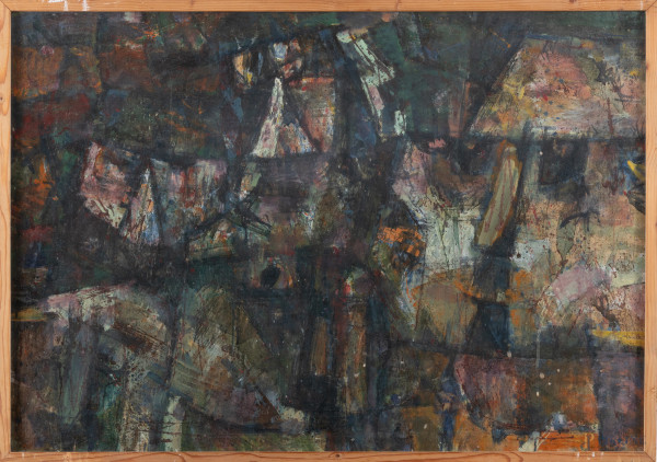 Astratto, olio su tela, cm 71x99, firmato e datato a tergo, entro cornice