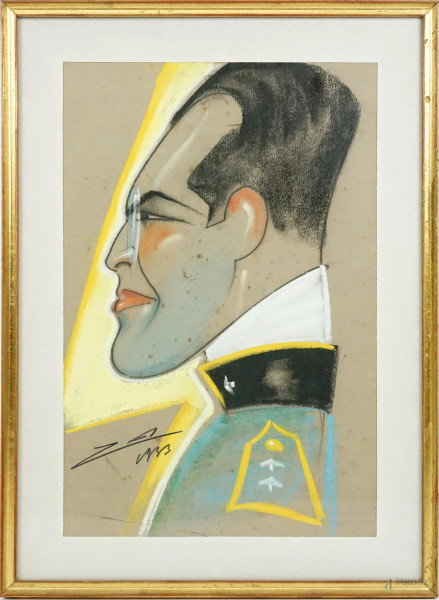 Nino Za - Caricatura di ufficiale in divisa, pastello su carta, cm 43,5x28,5, entro cornice, (macchie).