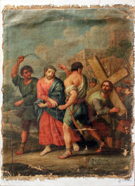 Episodio della via Crucis, olio su tela applicata su tela moderna, XVIII sec., cm 65 x 49, difetti.