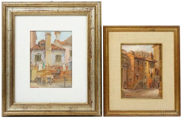 Rinaldo Caressa - Case del ghetto e case di Burano, due dipinti ad olio su cartone telato, cm misure max cm 25x20,  entro cornici.