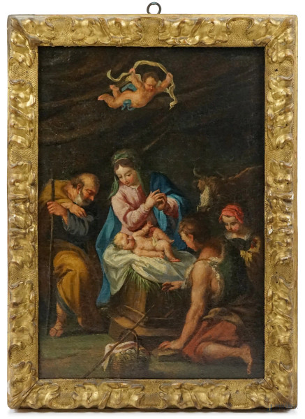Pittore del XVII secolo, Adorazione dei pastori, olio su tela, cm 62,5x44, entro cornice