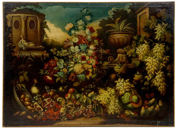 Scuola napoletana, XVIII secolo, Natura morta con frutta e fiori, olio su tela, cm 94x133,5, piccole cadute di colore