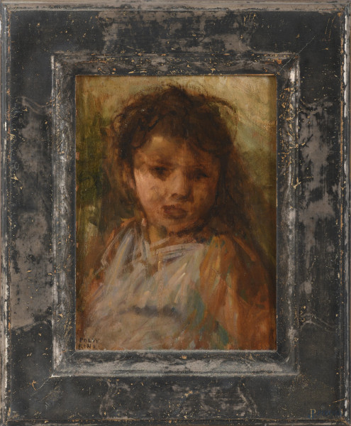 Impresssione di fanciullo, XX secolo, olio su compensato, cm 24x18, firmato in basso a sinistra, entro cornice